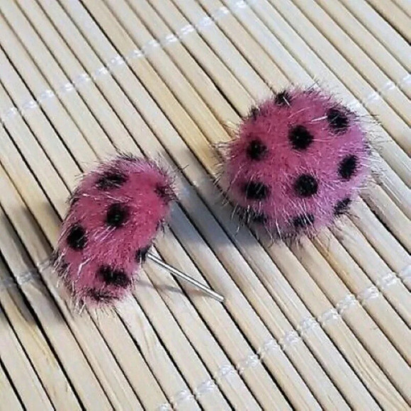Handmade Faux Fur Fuzzy Polka Dot Earrings Pink Black Barbiecore - Picture 2 of 3
